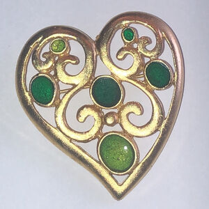 Vintage Satin Gold Tone Retro Boho Heart Brooch with Green Accents